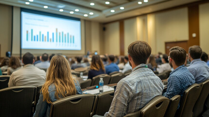 Attendees engaged in a conference presentation about data analysis trends