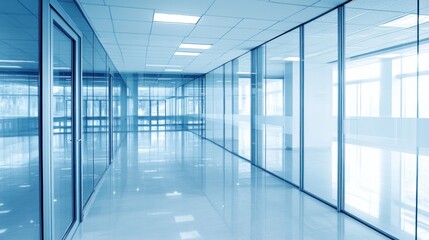 Fototapeta premium Modern glass office hallway, city view, empty, clean, corporate