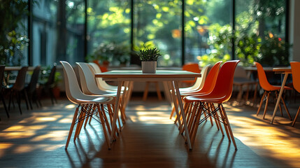 Cozy indoor dining area with colorful chairs and natural light during the day
