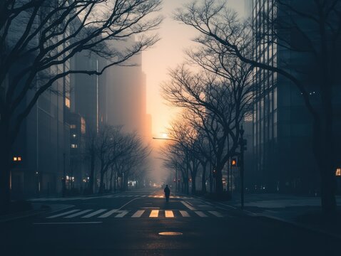 Solitary figure walks city street at sunrise, fog, skyscrapers