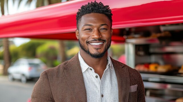 A cheerful man dressed in a casual outfit poses confidently outside a food truck on a bright day. The lively atmosphere suggests a popular gathering spot, perfect for enjoying delicious street food