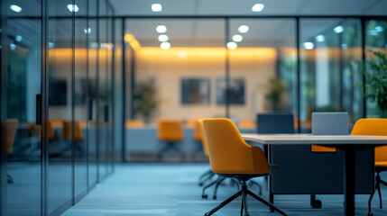 Modern office interior with vibrant orange chairs and glass walls in a contemporary workspace