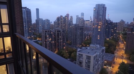 Fototapeta premium Cityscape twilight balcony view; urban lights, apartment building