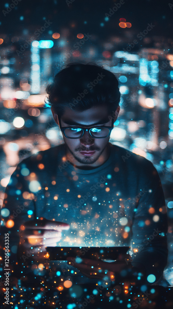 Poster software developer using digital tablet with bokeh effect at night, working with new technologies