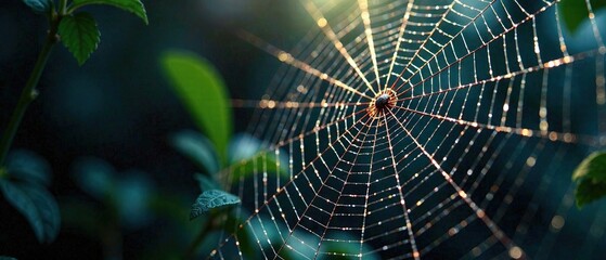 Naklejka premium Intricate Spiderweb, Dramatic Lighting