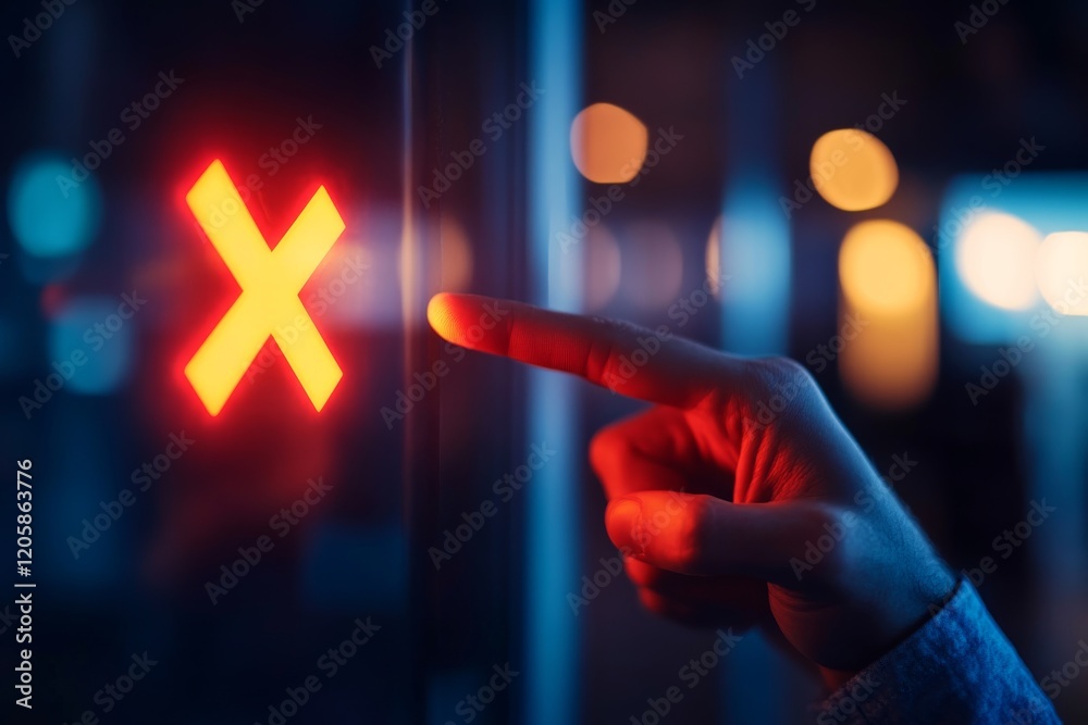 Aufkleber A businessman’s hand directs a red X hologram from a sleek device, set in a blurred office background, indicating an error or failure. Copy space available