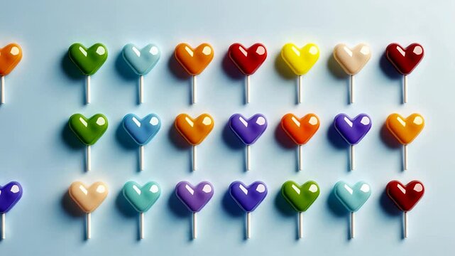colorful heart-shaped lollipops arranged in a playful pattern
