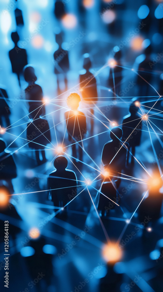 Poster Silhouettes of people connected by lines and glowing spots representing data exchange and information sharing in a network
