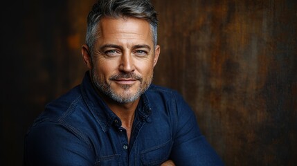 Obraz premium A confident man with gray hair and facial hair displays a warm smile while leaning against a wall. He wears a casual dark shirt and exudes a relaxed, friendly demeanor