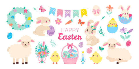 A collection of Easter-themed stickers featuring animals and eggs. The stickers are arranged in a row on a pink background