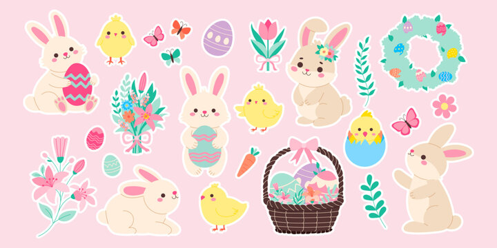A collection of Easter bunny and Easter eggs stickers. The stickers include rabbits, eggs, flowers, and butterflies