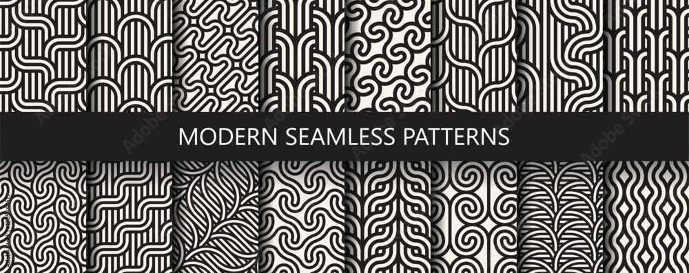 Poster Vector set of 16 geometric linear patterns. Collection of seamless modern textures for your design.