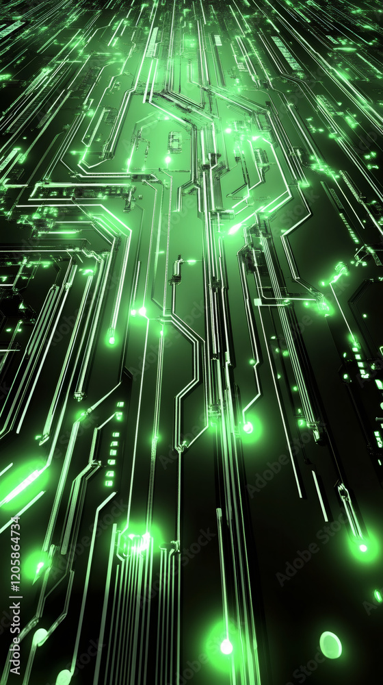 Poster electronic circuit board glowing green, representing high-tech data communication and digital innova