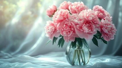 Pink peonies in a glass vase on a light fabric background. © dika
