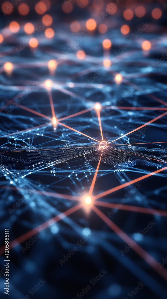 Poster Futuristic digital cyberspace connecting points of a network transferring data through glowing nodes