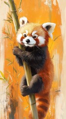 A playful red panda climbing bamboo, symbolizing conservation. Perfect for animal protection and environmental awareness.