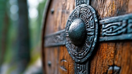 Close-up of wooden shield with intricate metal design, forest background