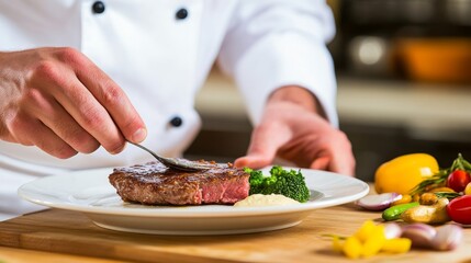 A chef's hands expertly arrange a gourmet dish on a white plate, showcasing culinary skill against a backdrop of fresh ingredients on a kitchen counter