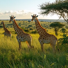 Fototapeta premium Giraffes grazing on tall trees against a clear blue sky.