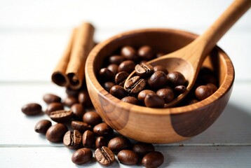 Fototapeta premium Coffee Beans Cinnamon Wooden Spoon Bowl - Deliciously Aromatic