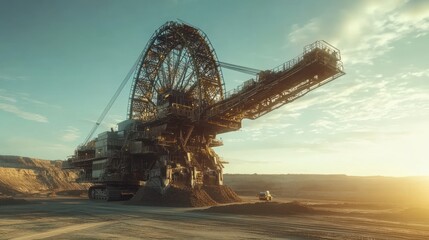 Giant mining wheel excavator at sunset, open-pit mine, industrial background