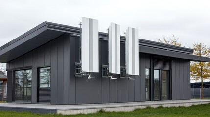 Modern building, solar panels, autumn, suburban, energy