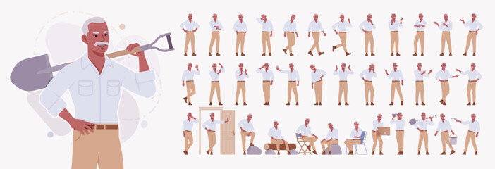 Handsome physically active senior mature man, elder businessman character set, grandfather healthy fit life, grandparent activity bundle, old male model with grey hair, moustache. Vector illustration