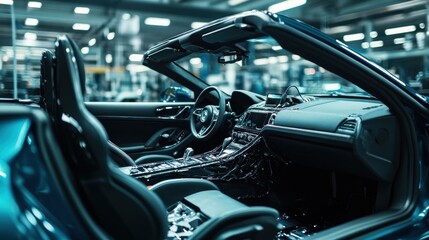 Blue convertible car interior factory assembly line