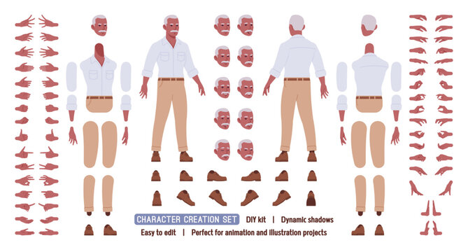 Handsome physically active senior mature man, elder businessman DIY character creation set. Grandfather body figure parts. Head, leg, hand gestures, emotions, construction kit. Vector illustration