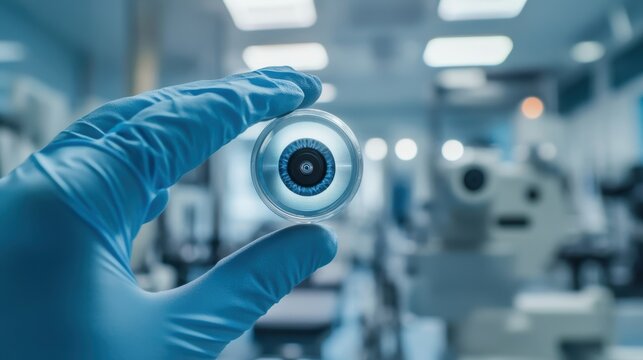 Gloved hand holding a petri dish containing a manufactured bionic eye implant, signifying advancements in ophthalmology and biotechnology in a laboratory environment
