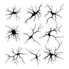 Set of ground cracks from a top view, earthquake cracks and holes, ruined and crushed land texture. Breaks on the land surface isolated on a white background. Broken wall with a glass pattern effect