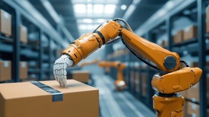 Modern robotic arm gently placing package on conveyor belt in automated warehouse, symbolizing efficiency and innovation in logistics and distribution