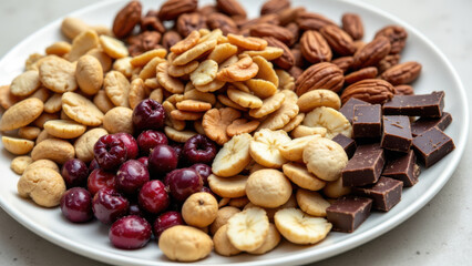 Obraz premium A colorful assortment of healthy snacks including nuts, chocolate pieces, and berries arranged on a white plate for presentation.