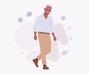 Handsome active senior mature man, elder businessman move sad pose. Old experienced male, grey hair, moustache, older business owner. Vector flat style cartoon illustration on creative background