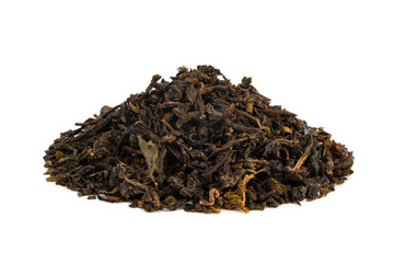 Heap of dry tea leaves isolated on white background.