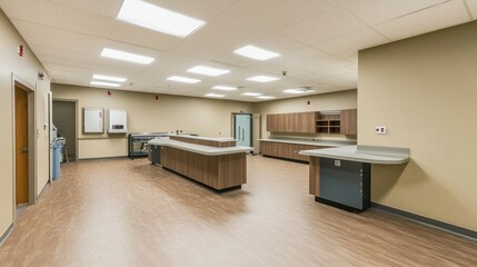 Modern medical facility breakroom; clean, spacious design; staff area; new construction
