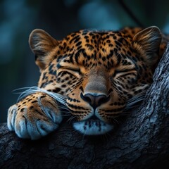 Obraz premium Leopard resting on a tree branch, blending with its surroundings.