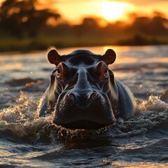 Fototapeta premium Hippopotamus emerging from a river with a serene background. 