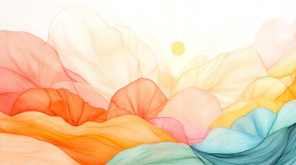 Fototapeta premium Abstract Floral Waves in Soft Pastel Colors with Sunburst