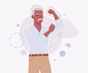 Handsome active senior mature man, elder businessman strong muscles pose. Old experienced male, grey hair, moustache, older business owner. Vector flat style cartoon illustration, creative background