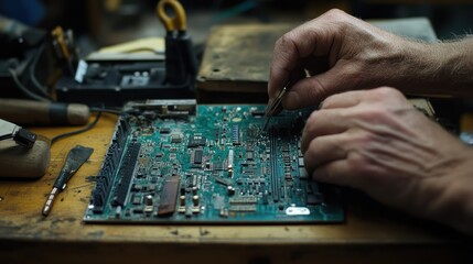 Hands repair circuit board in workshop