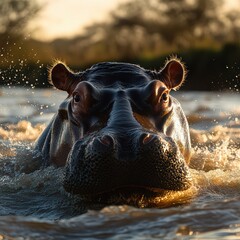 Fototapeta premium Hippopotamus emerging from a river with a serene background. 
