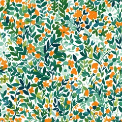 Vibrant Orange Floral Seamless Pattern Green Leaves Botanical Illustration White Background Trendy Summer Textile Design Fashion Print Artistic Design