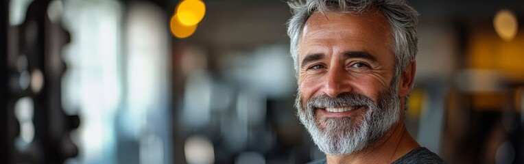 A smiling older man with a beard in a gym, promoting wellness and active living. Great for health and fitness campaigns targeting older audiences.