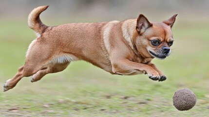 Small dog leaping for ball in park; blurred background
