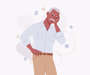 Handsome active senior mature man, elder businessman feels headache pose. Old experienced male, grey hair, moustache, older business owner. Vector flat style cartoon illustration, creative background