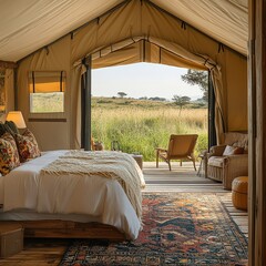 Luxurious safari tent with a view of the savannah.