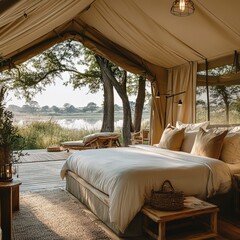 Luxurious safari tent with a view of the savannah.