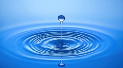 Water drop falling, ripples, blue background, purity, nature