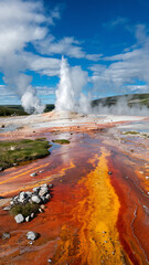 Vivid mineral hues of red, yellow, and white surround bubbling hot springs. Steam rises into the crisp blue sky, creating a dynamic, otherworldly environment